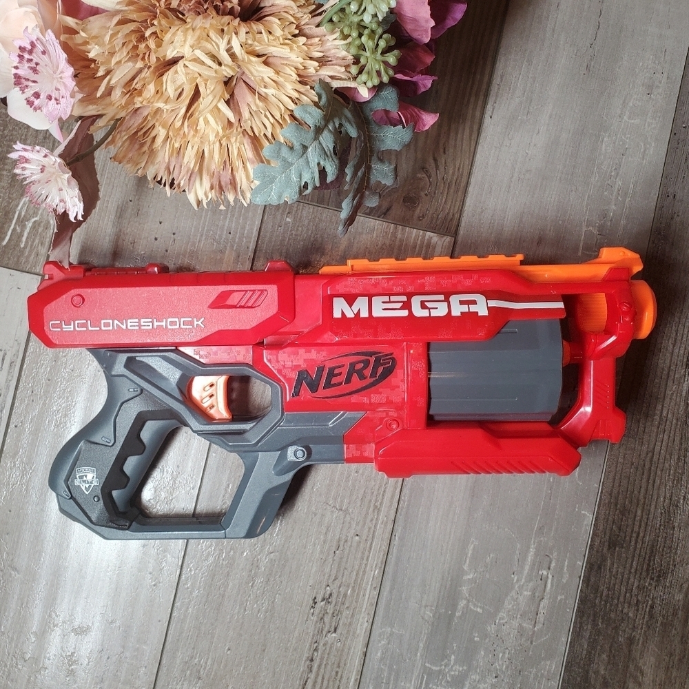 Nerf N-Strike Mega CycloneShock Dart Blaster Toy Gun Red Gray Orange EUC